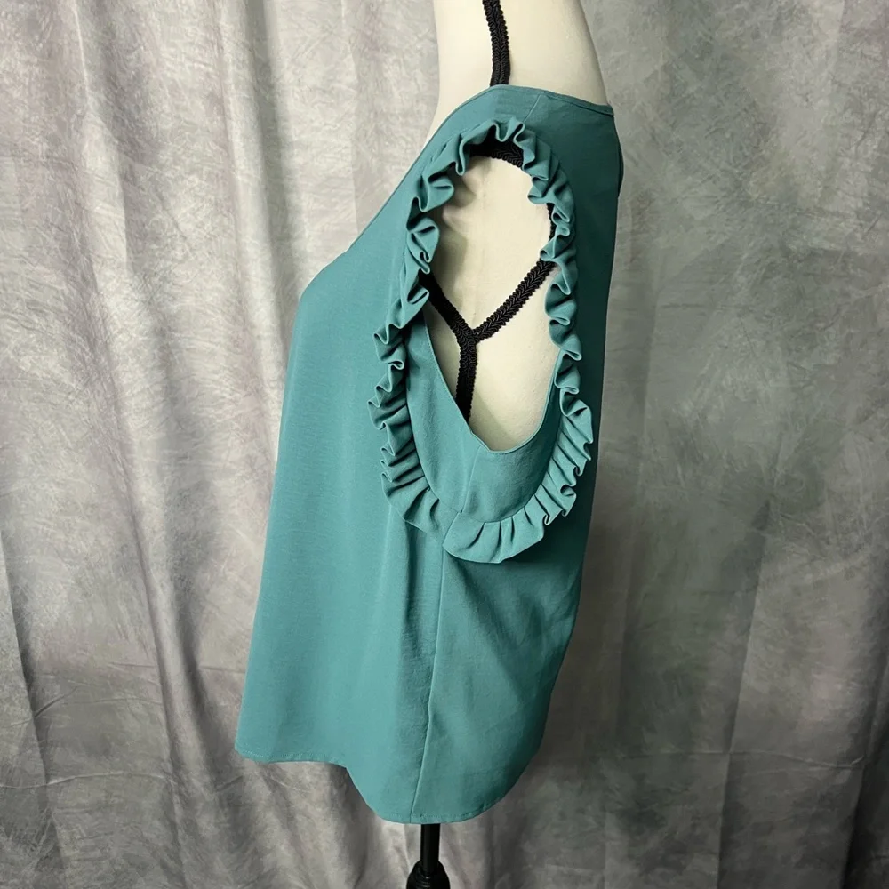 Molly Bracken Teal Ruffle Sleeve Keyhole Back Blouse - MED - Picture 6 of 14